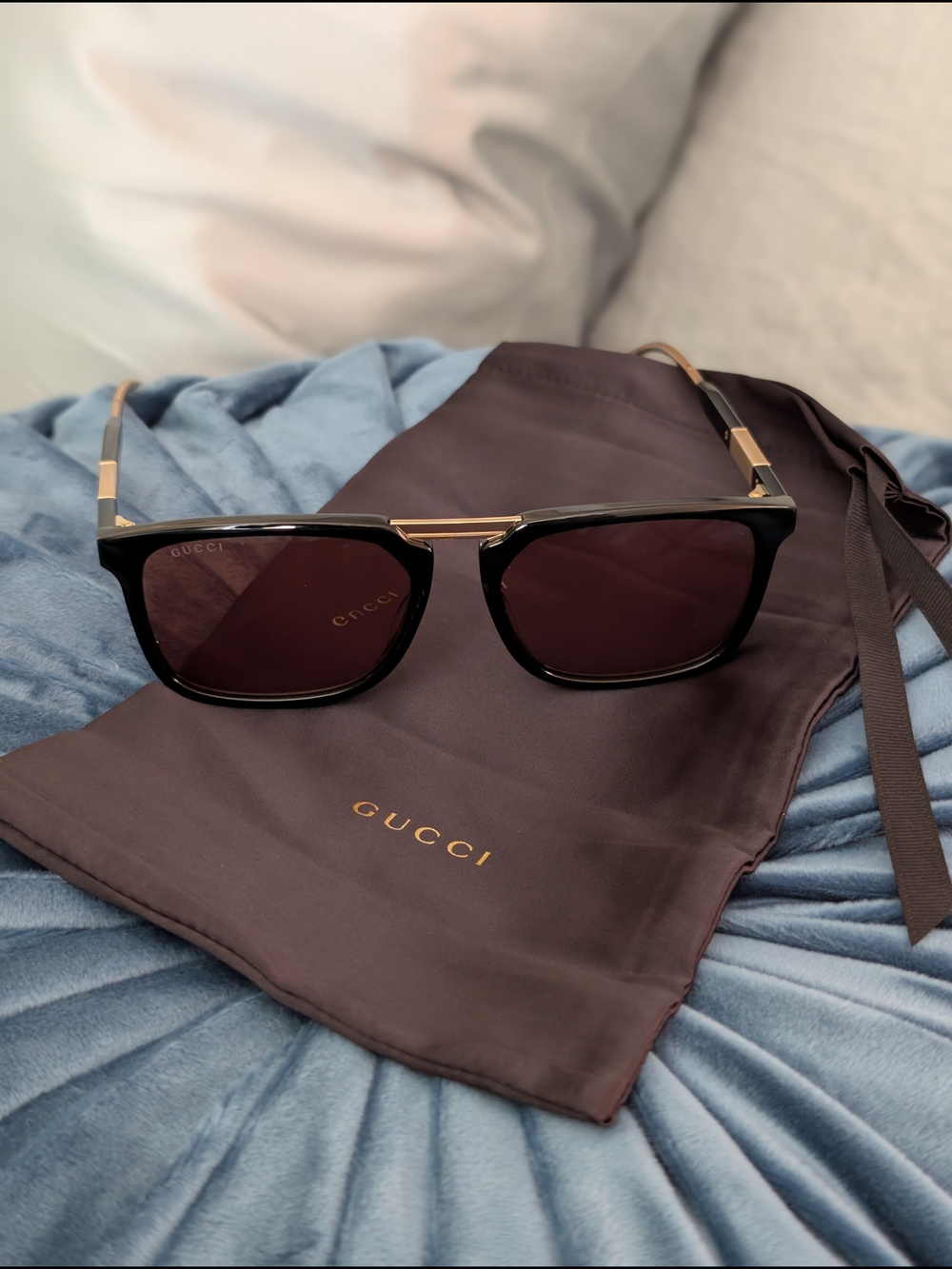 NWT Gucci Square Double-Bridge Sunglasses in Black/Gold (Complete Set) Unisex